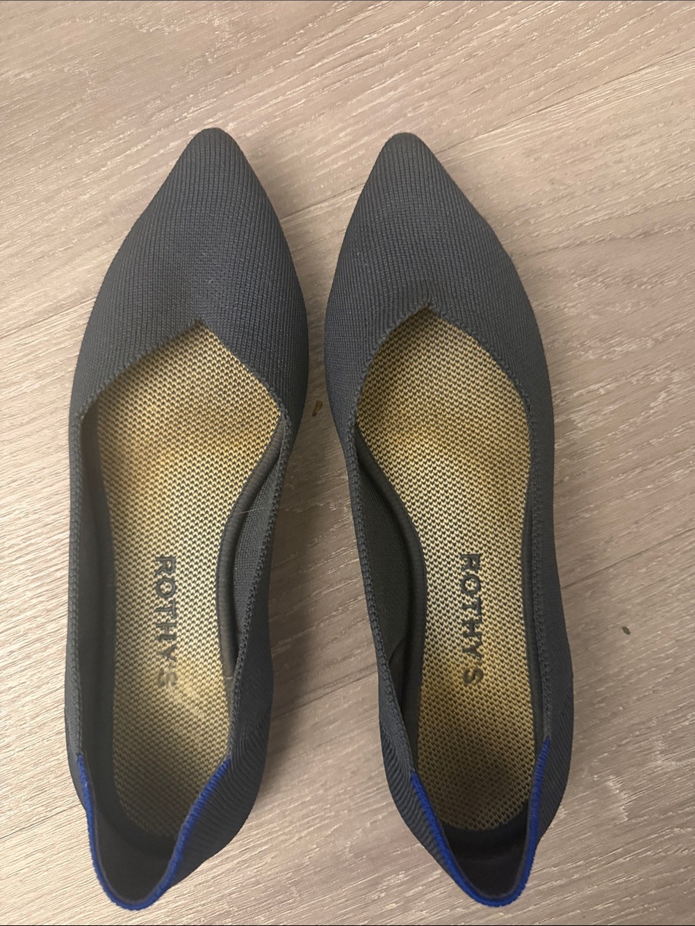 Rothy's Pointed Knit Flat in Navy Blue with Blue Accent